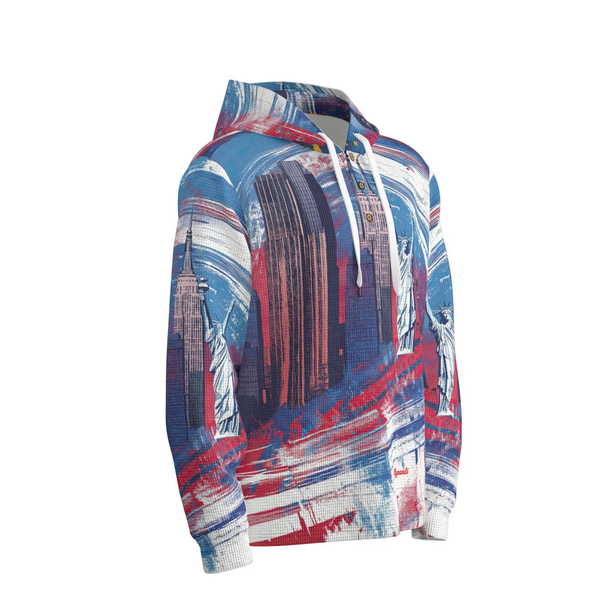 men’s thermal waffle half button pullover hoodie - new york blue/red/white image 3