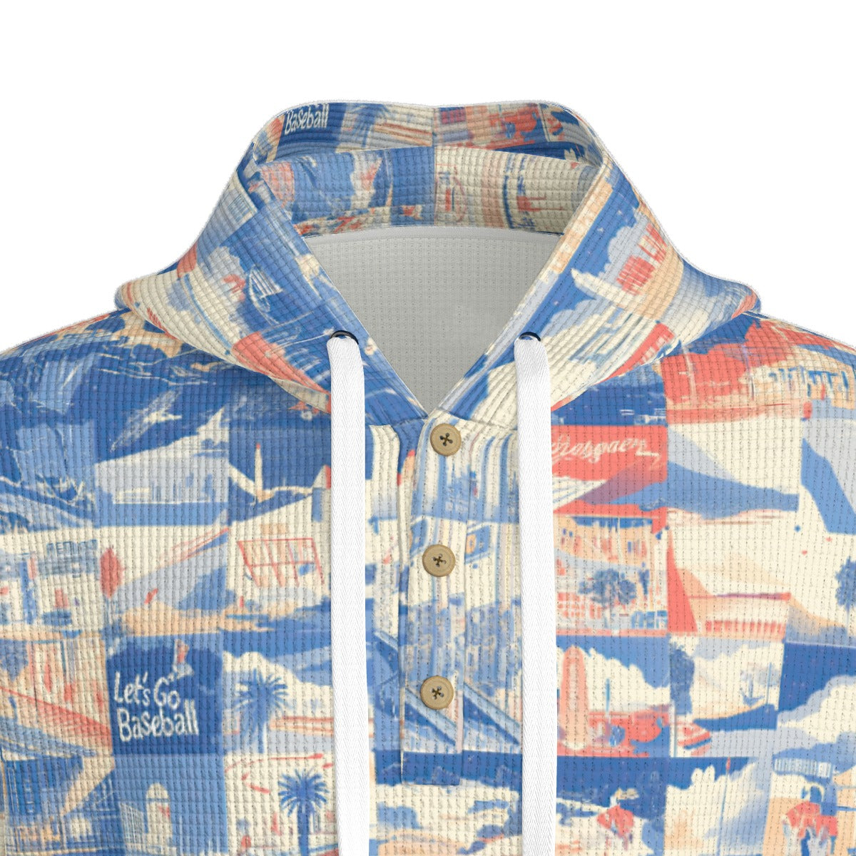 Men’s Thermal Waffle Half Button Pullover Hoodie - Los Angeles blue/white/red image 5
