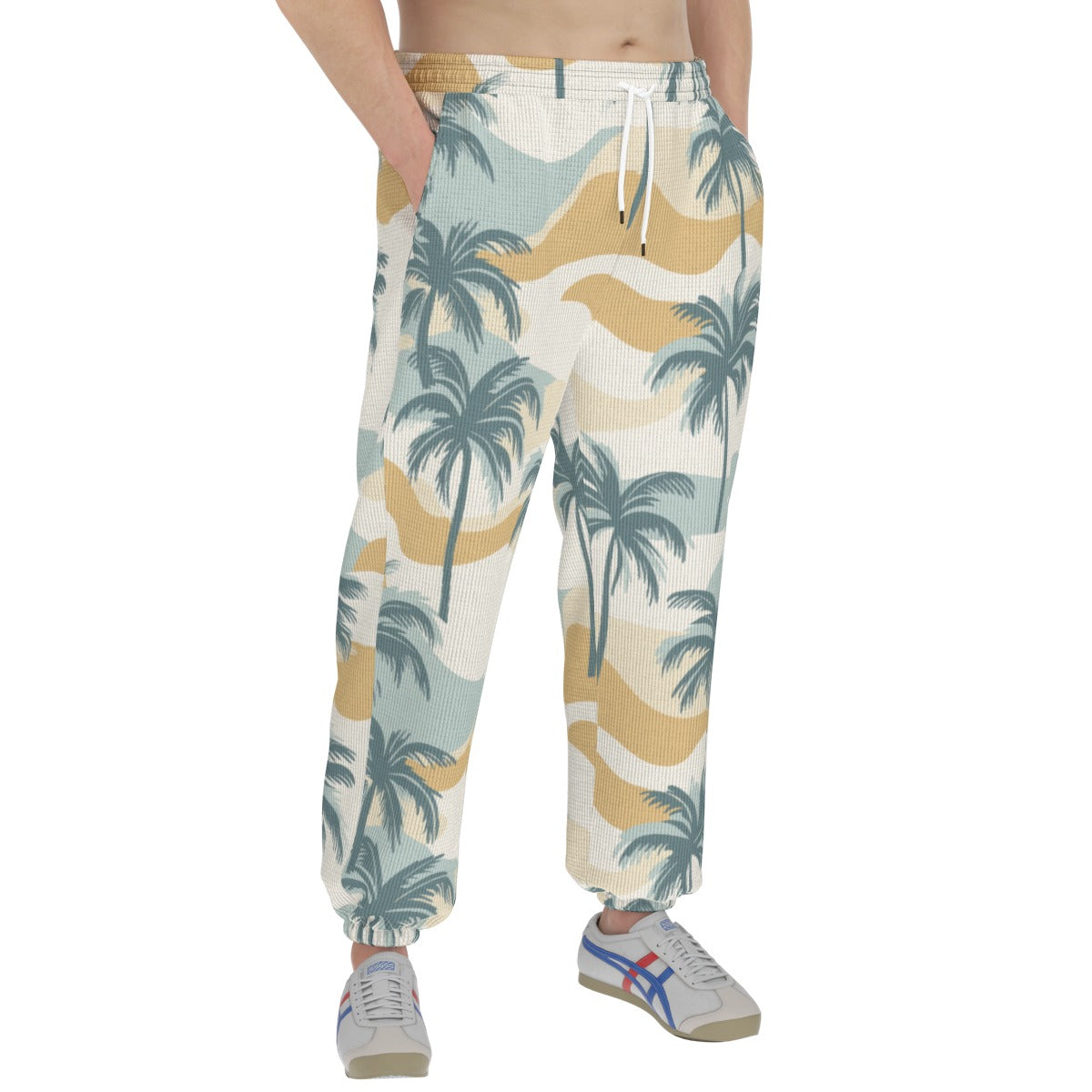 men’s thermal waffle tapered sweatpants - pastel palms sage/gold/sand - White, 2XL image