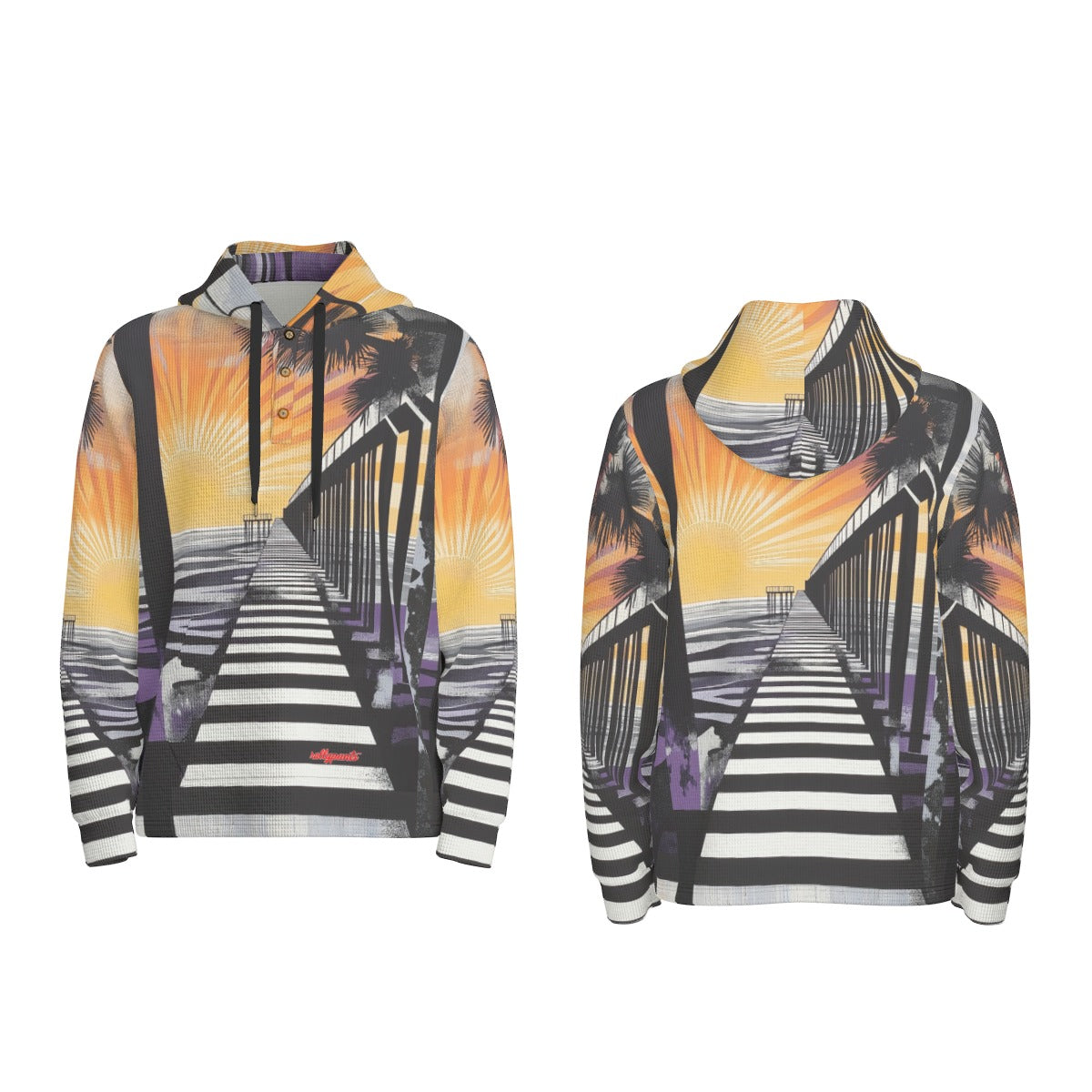 men’s thermal waffle half button pullover hoodie - south bay sunset black/purple/gold image 2