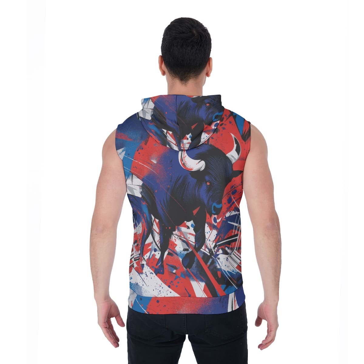 men’s zipper-up sleeveless hoodie - buffalo brahma/blue/red rallyprint image 3