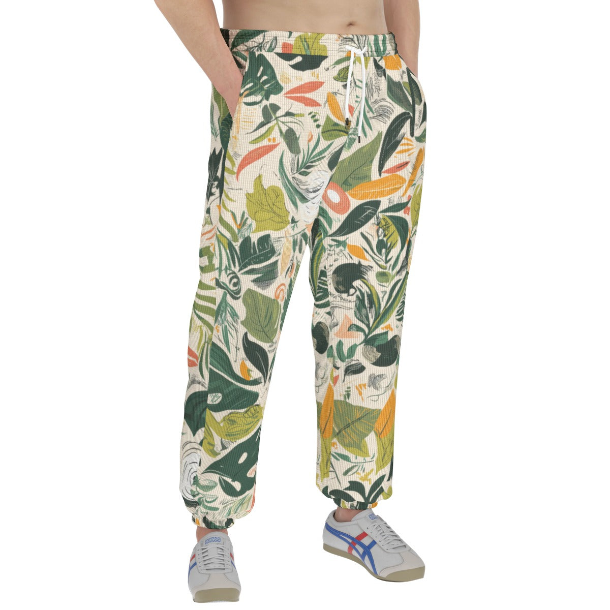 men’s thermal waffle tapered sweatpants - themplantvibes botanical green/orange/white image 1