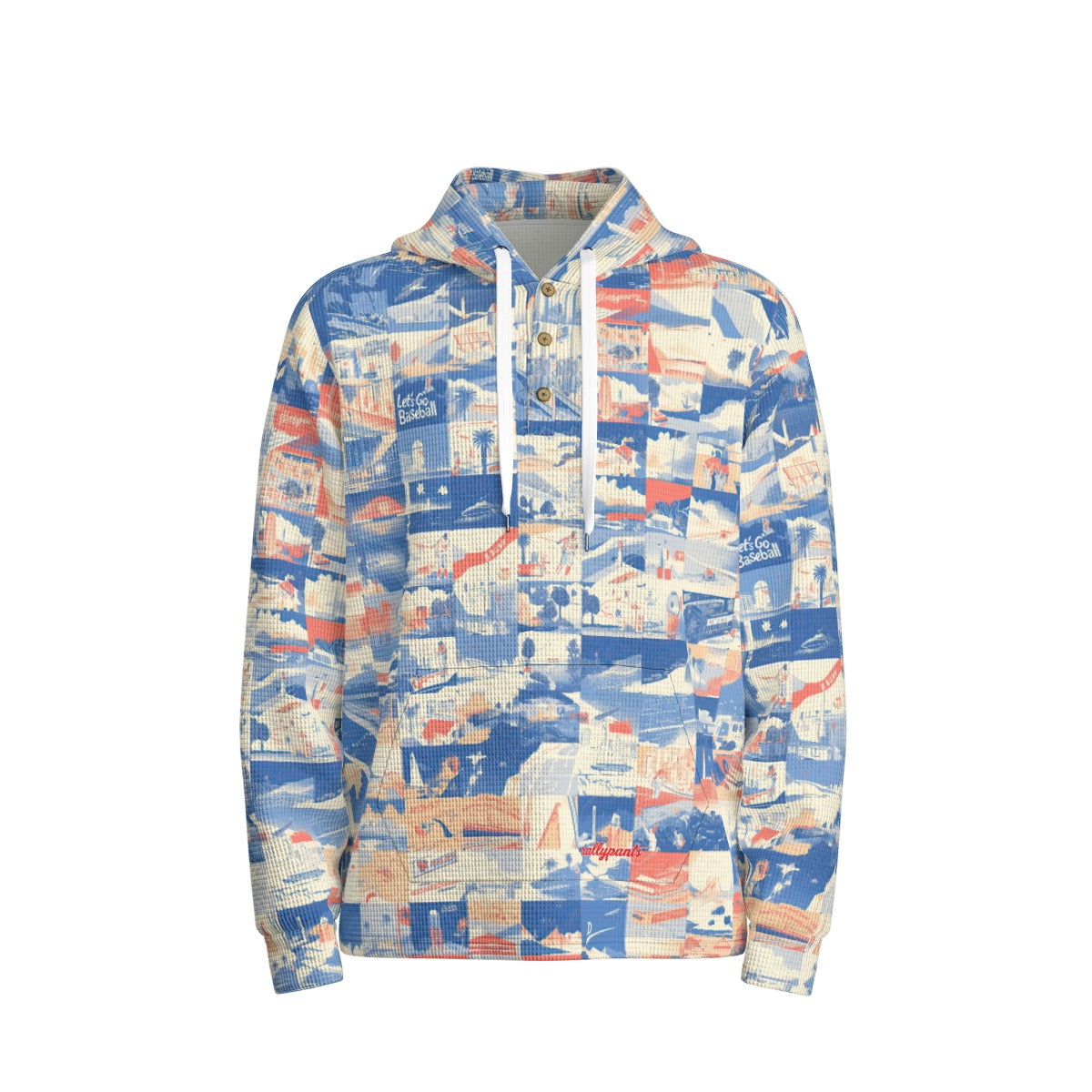 Men’s Thermal Waffle Half Button Pullover Hoodie - Los Angeles blue/white/red image 1