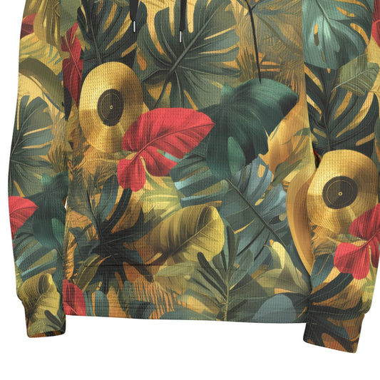 men’s thermal waffle half button pullover hoodie - gold record vibes jungle green/gold image 0