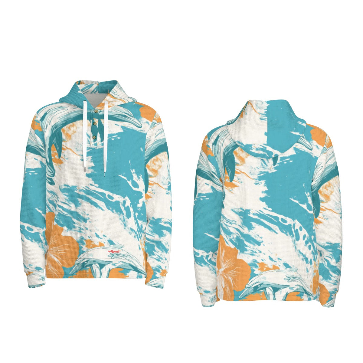 men’s thermal waffle half button pullover hoodie - miami aqua/orange/white image 4
