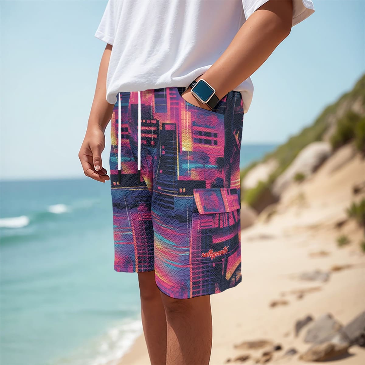 men's featherlite textured cargo shorts - vice city sunset neon pink/electric blue/midnight black image 1