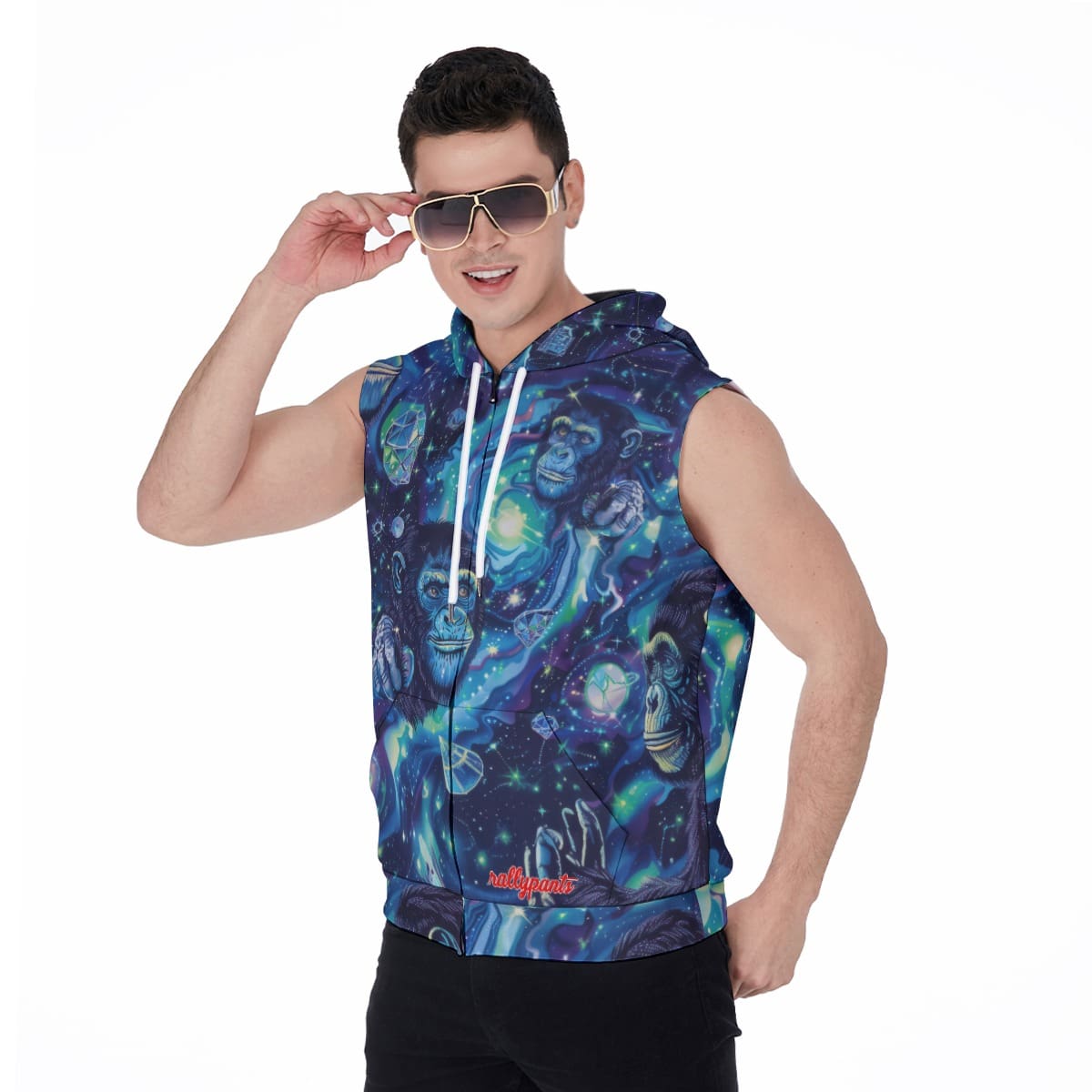 men’s zipper-up sleeveless hoodie – apes blue diamond/moon white image 2