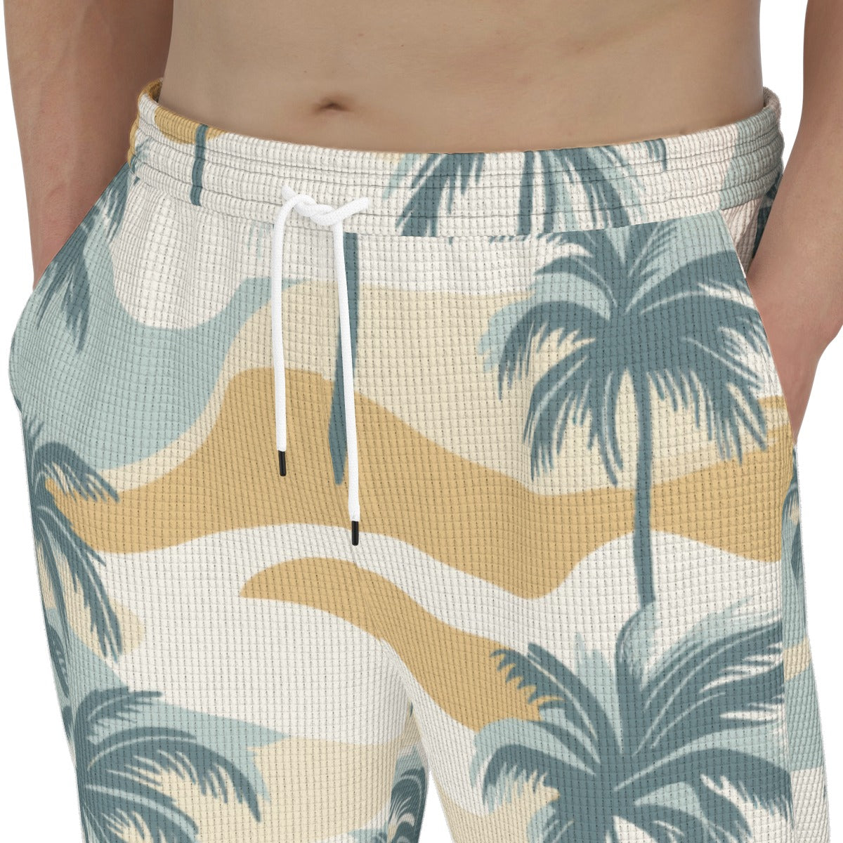 men’s thermal waffle tapered sweatpants - pastel palms sage/gold/sand image 2
