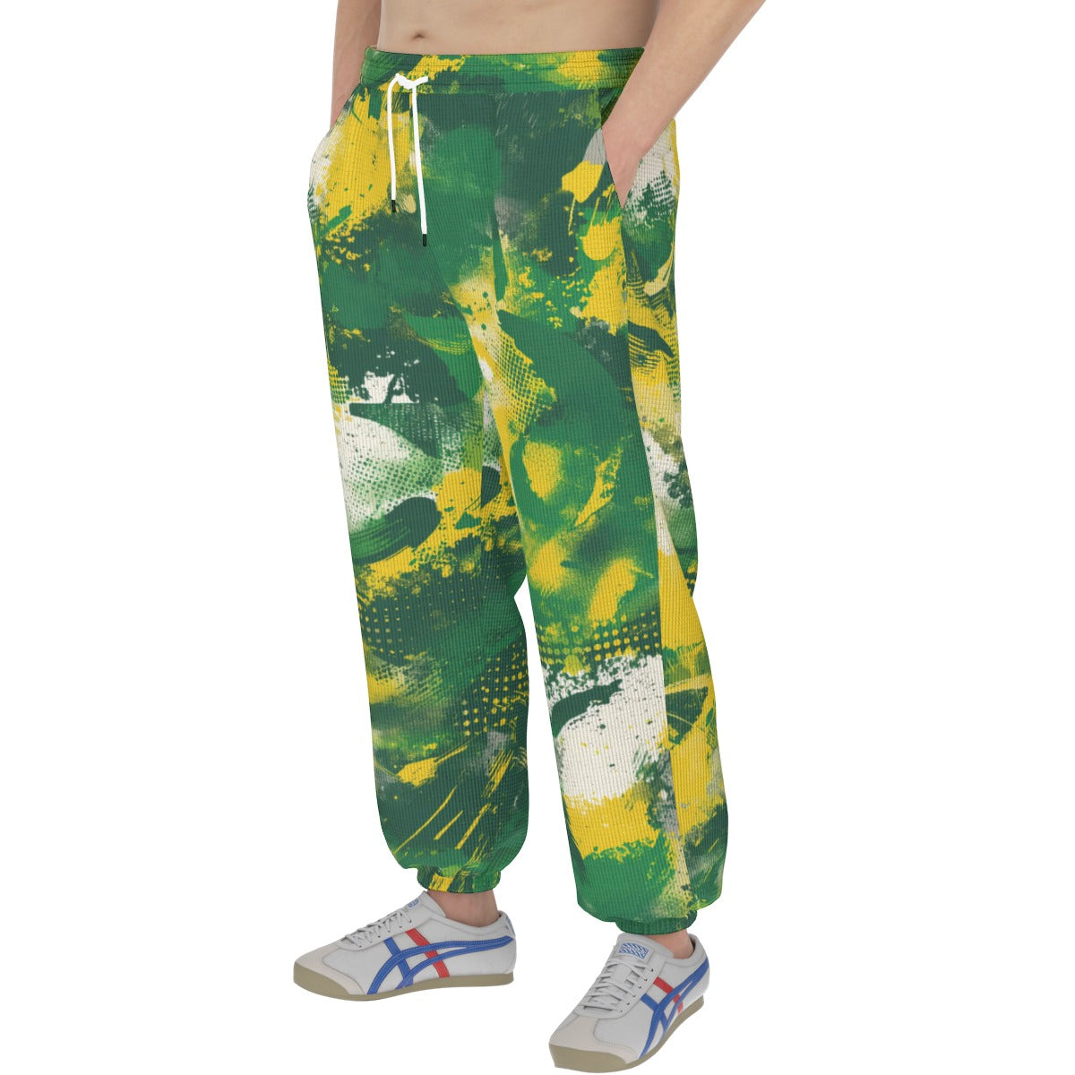 men’s thermal waffle tapered sweatpants - cash money green/yellow/white image 3