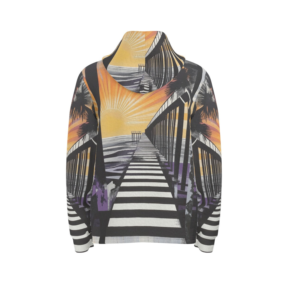 men’s thermal waffle half button pullover hoodie - south bay sunset black/purple/gold image 5
