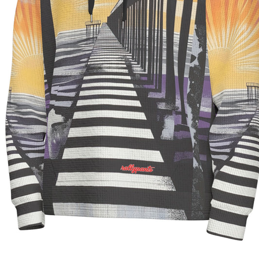 men’s thermal waffle half button pullover hoodie - south bay sunset black/purple/gold image 0
