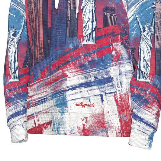men’s thermal waffle half button pullover hoodie - new york blue/red/white image 0