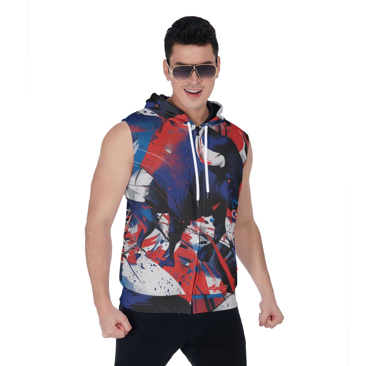 men’s zipper-up sleeveless hoodie - buffalo brahma/blue/red rallyprint image 1