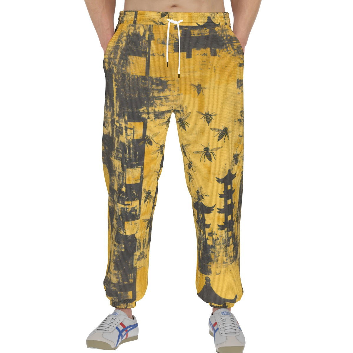 men’s thermal waffle tapered sweatpants - killer bees shaolin/black/yellow image 2