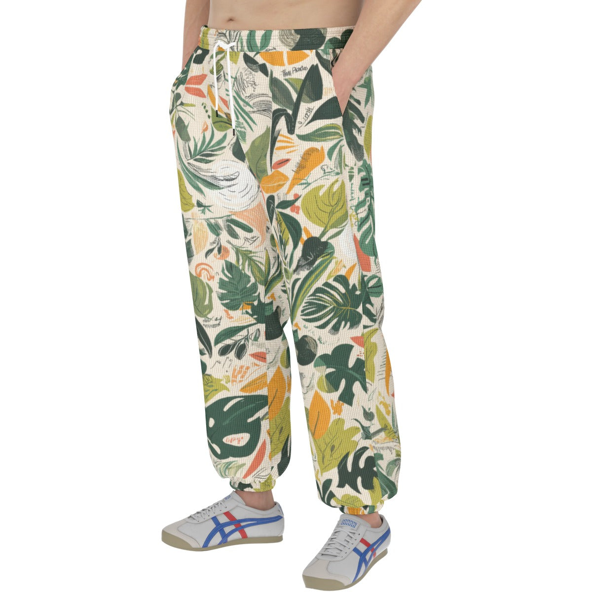 men’s thermal waffle tapered sweatpants - themplantvibes botanical green/orange/white image 2