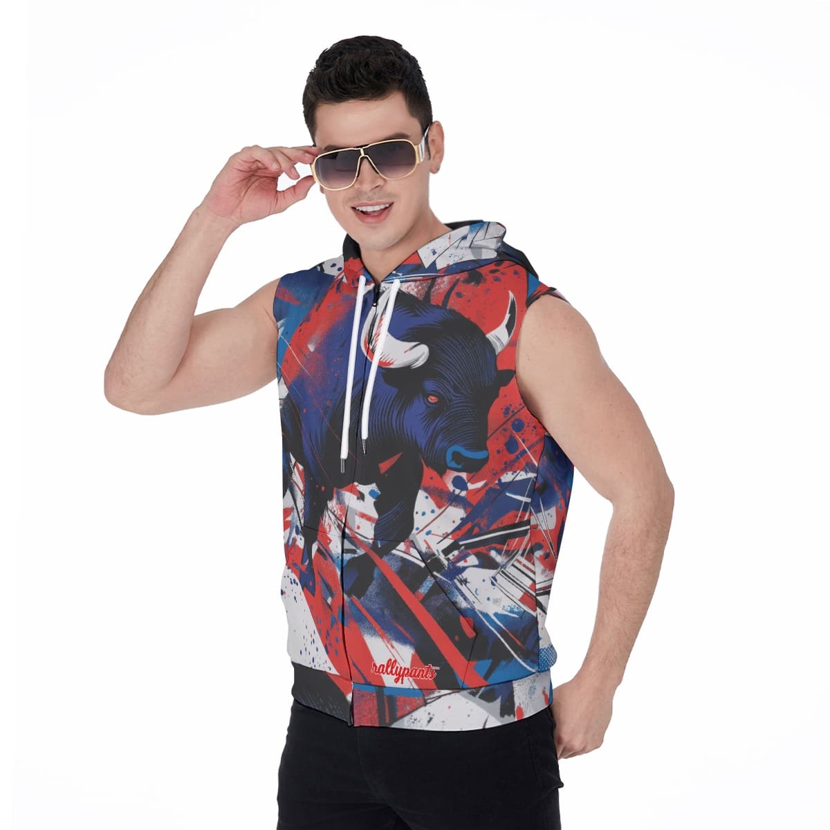 men’s zipper-up sleeveless hoodie - buffalo brahma/blue/red rallyprint image 2