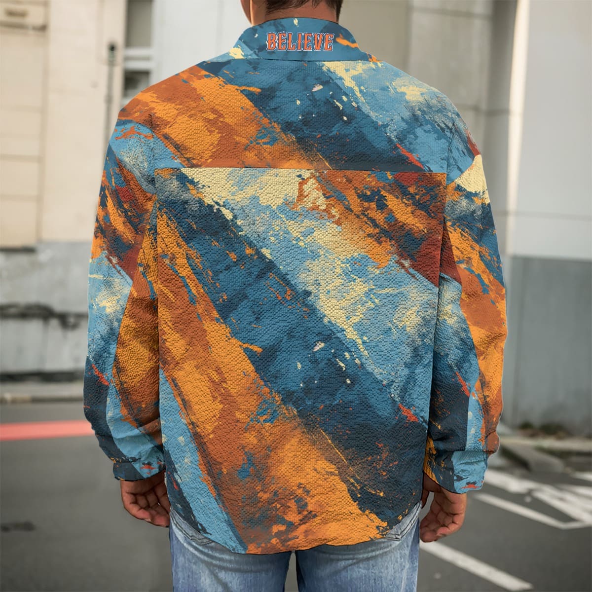 men’s casual lapel jacket – queens blue/orange rallyprint image 2