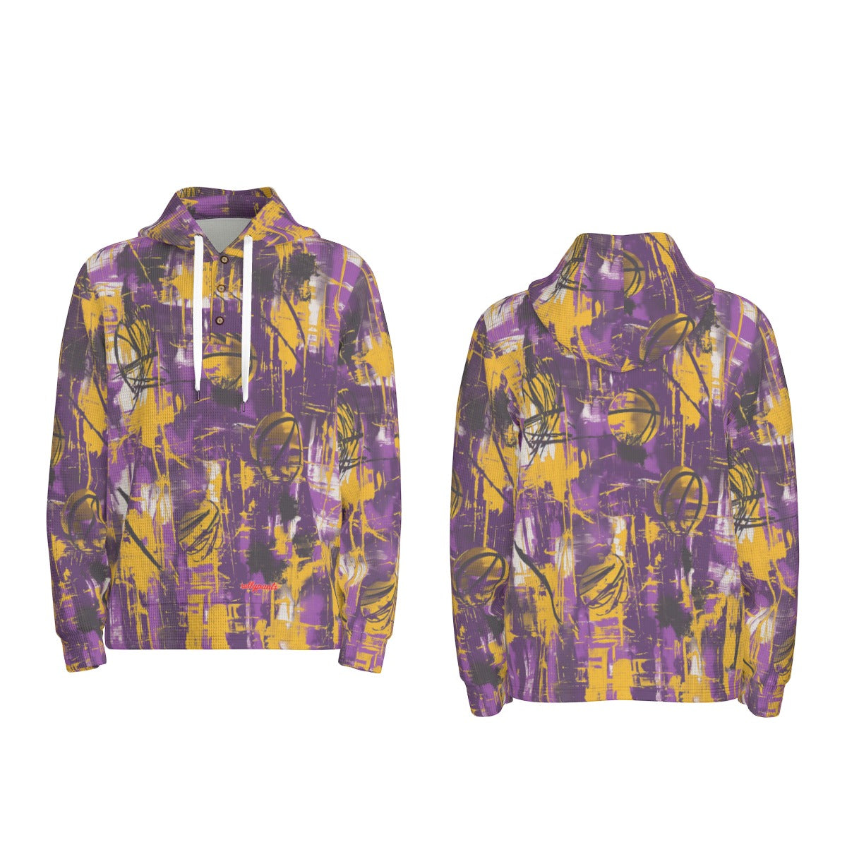 men’s thermal waffle half button pullover hoodie - los angeles purple/gold graffiti image 1