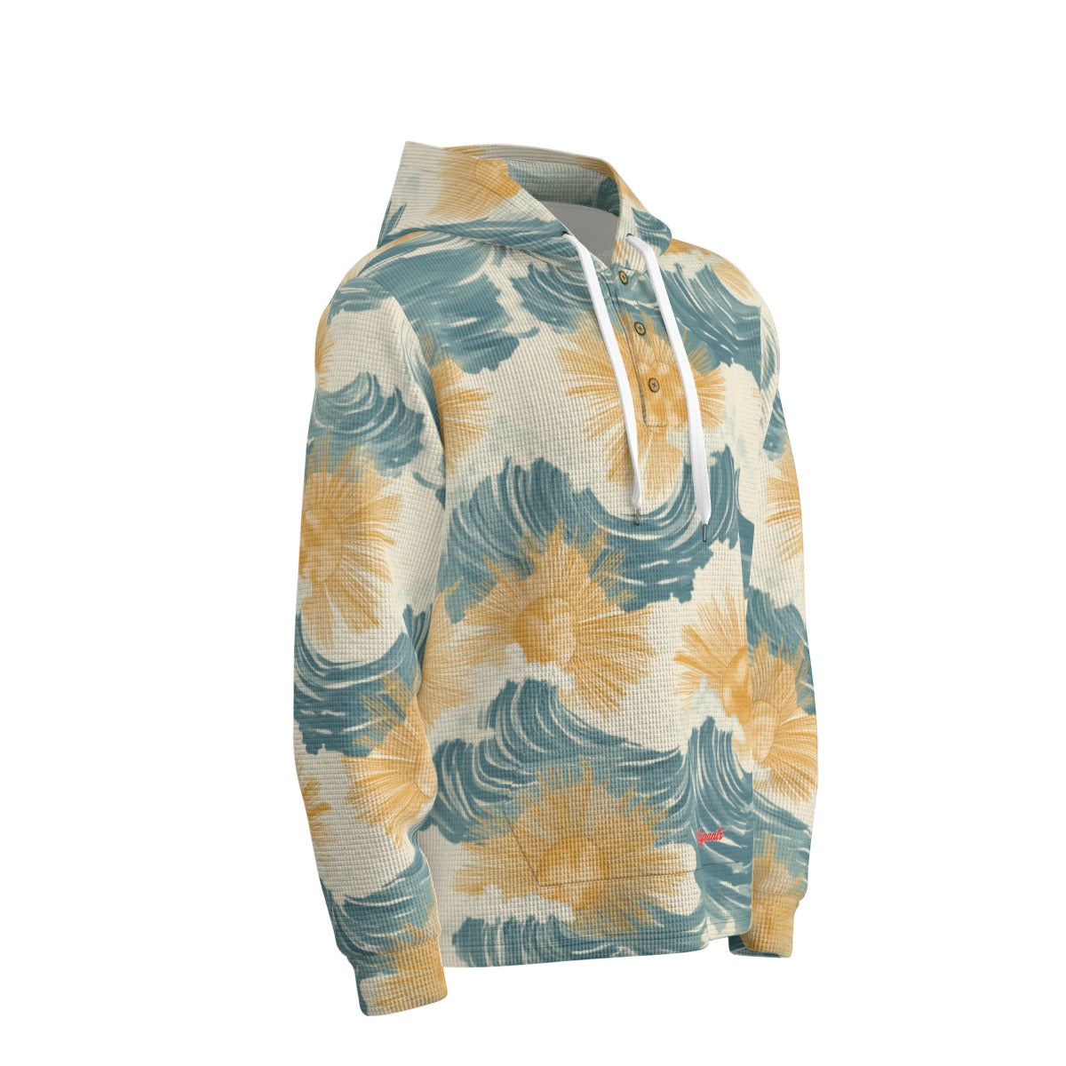 men’s thermal waffle half button pullover hoodie - sunsoaked surf pacific teal/golden adobe/seafoam image 1