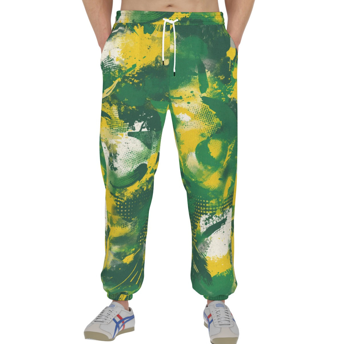 men’s thermal waffle tapered sweatpants - cash money green/yellow/white image 2