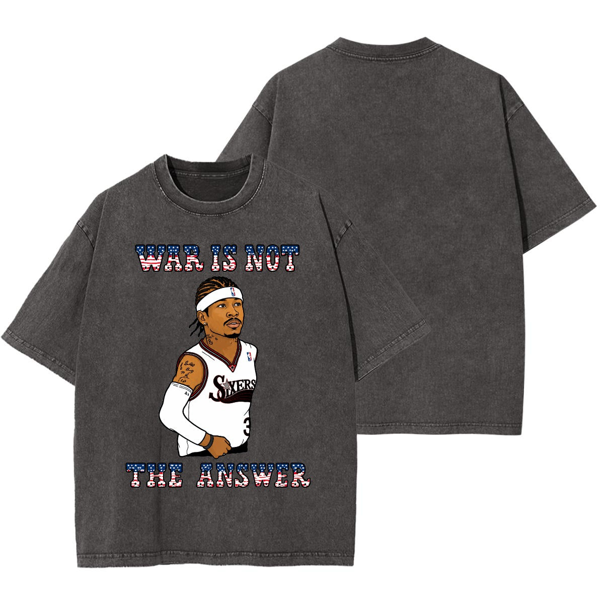 rallypants War Is Not the Answer heavyweight washed t-shirt in Washed Dark Gray, back view