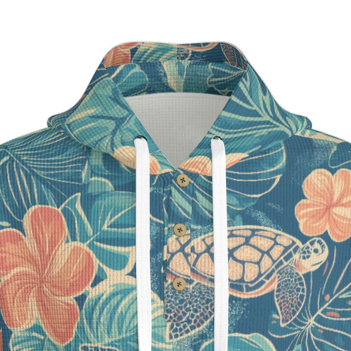 men’s thermal waffle half button pullover hoodie - rarotonga turtle reef lagoon teal/coral/sand image 1
