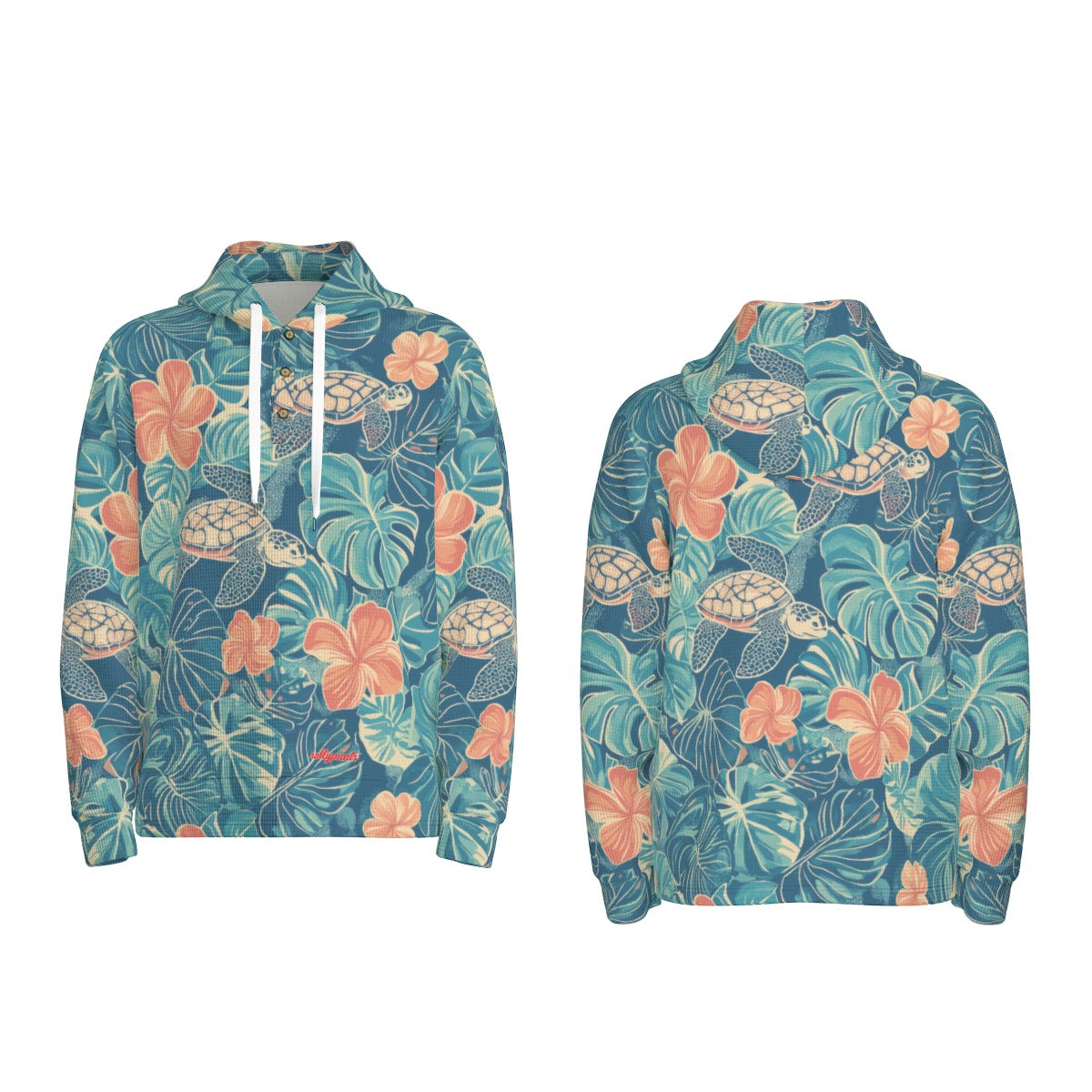 men’s thermal waffle half button pullover hoodie - rarotonga turtle reef lagoon teal/coral/sand image 3
