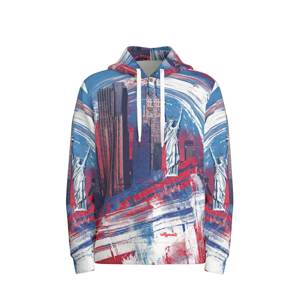 men’s thermal waffle half button pullover hoodie - new york blue/red/white image 5