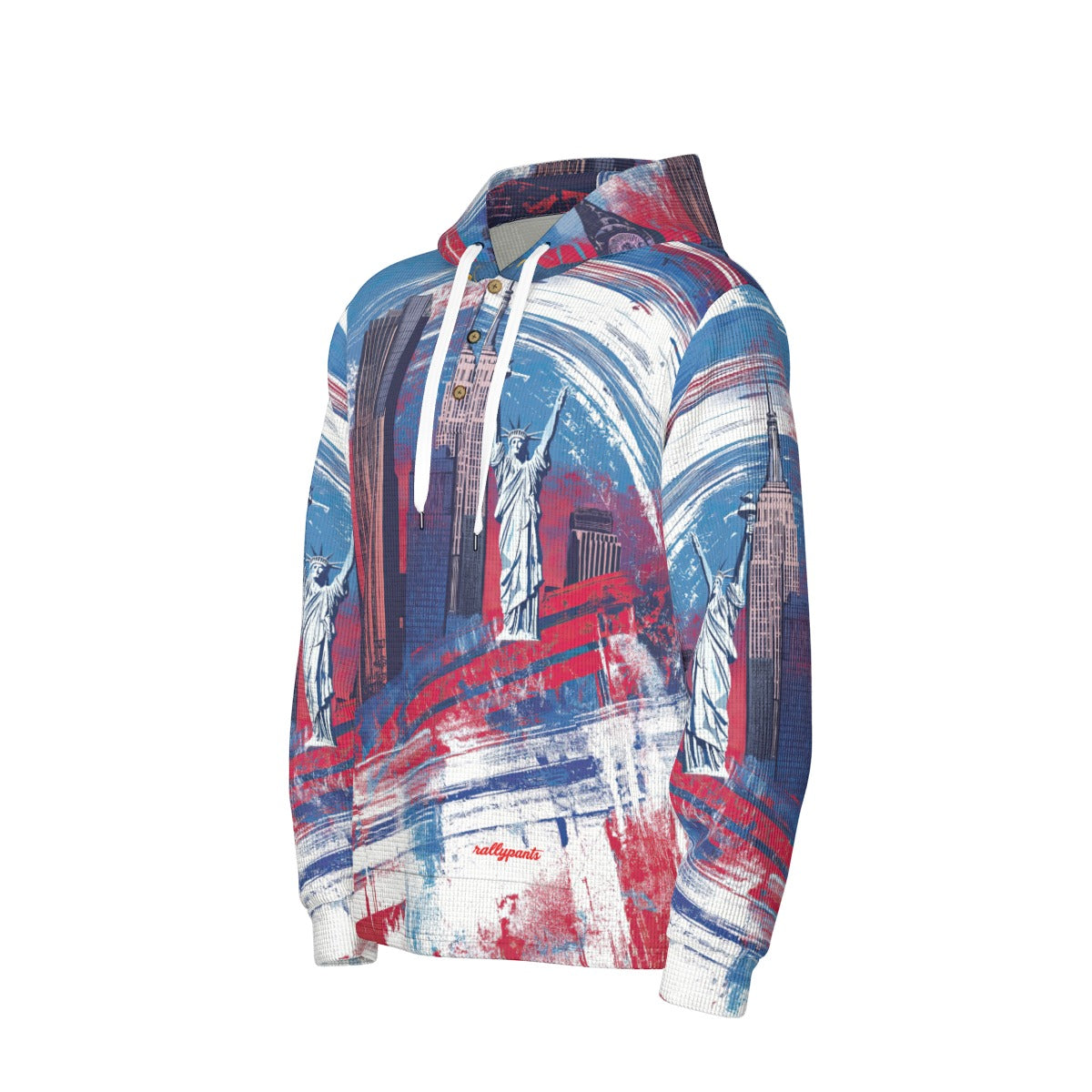 men’s thermal waffle half button pullover hoodie - new york blue/red/white image 4