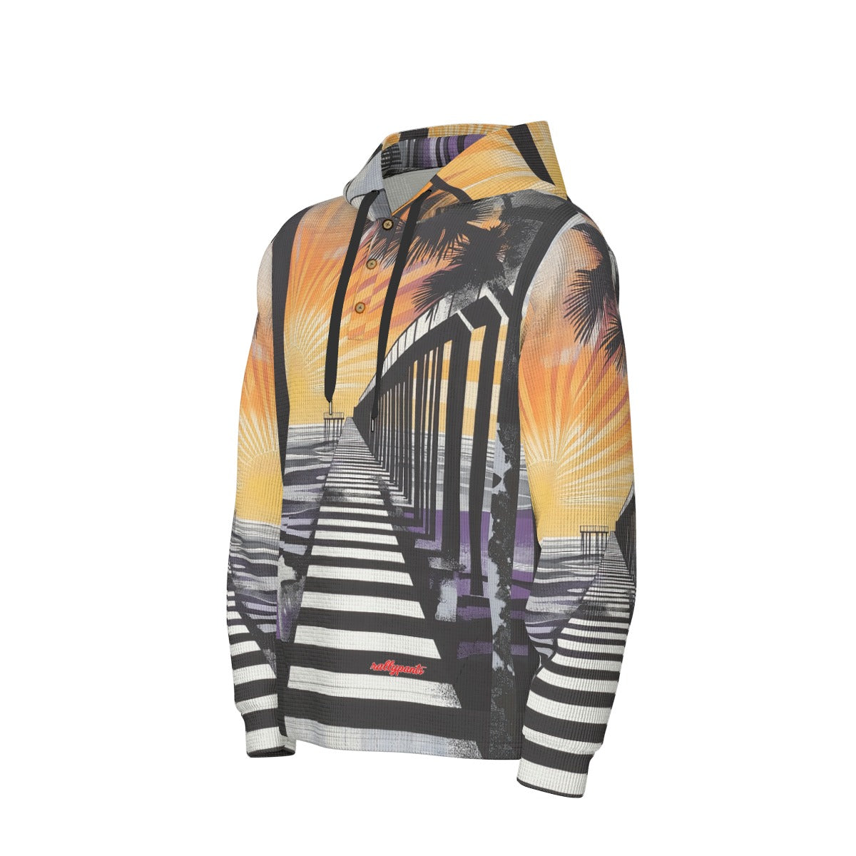 men’s thermal waffle half button pullover hoodie - south bay sunset black/purple/gold image 3