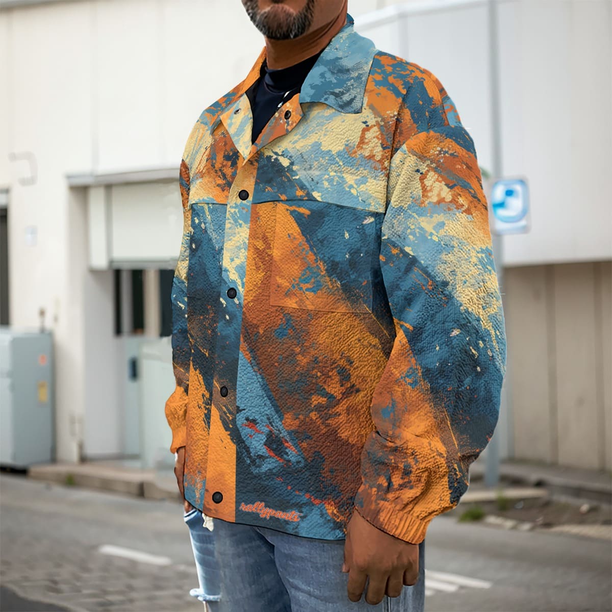 men’s casual lapel jacket – queens blue/orange rallyprint image 1