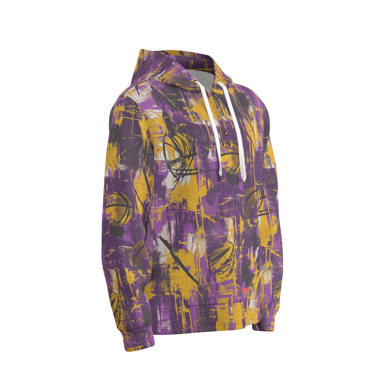 men’s thermal waffle half button pullover hoodie - los angeles purple/gold graffiti image 2