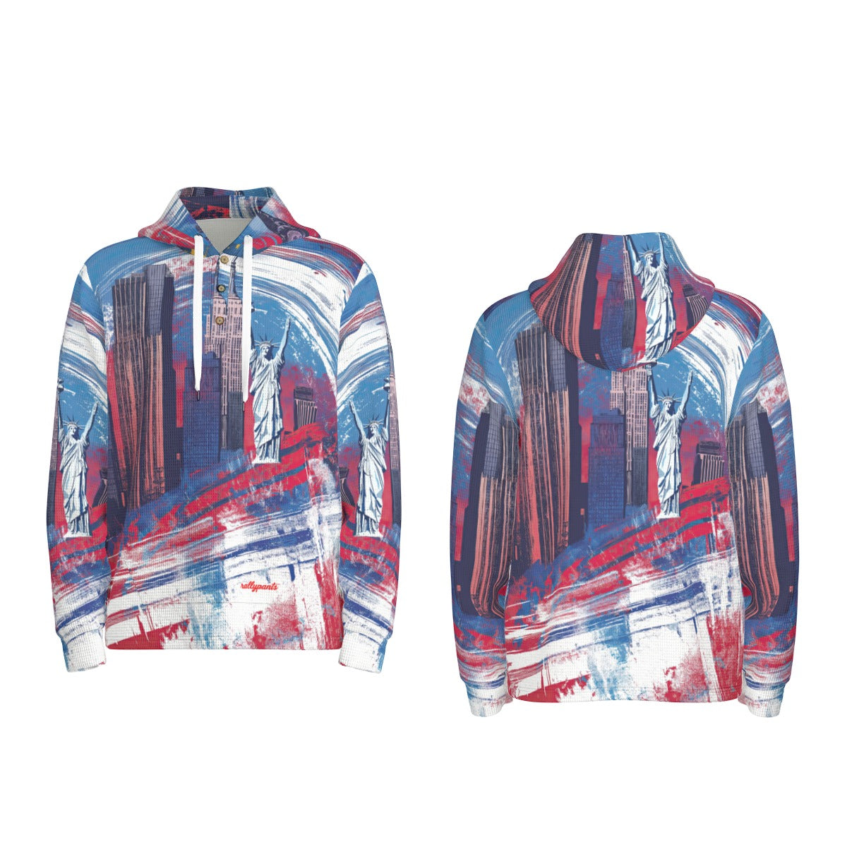 men’s thermal waffle half button pullover hoodie - new york blue/red/white image 6