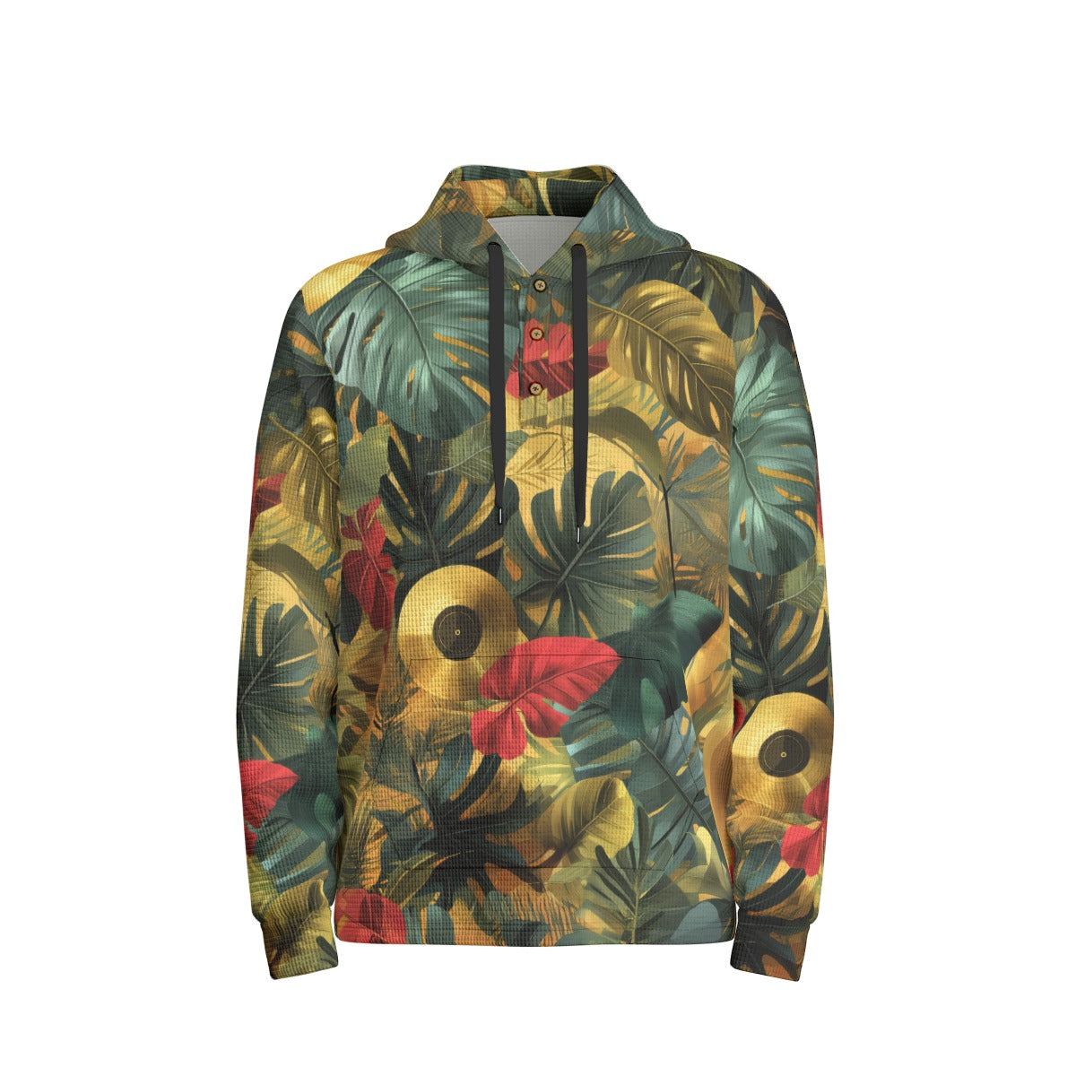 men’s thermal waffle half button pullover hoodie - gold record vibes jungle green/gold image 5