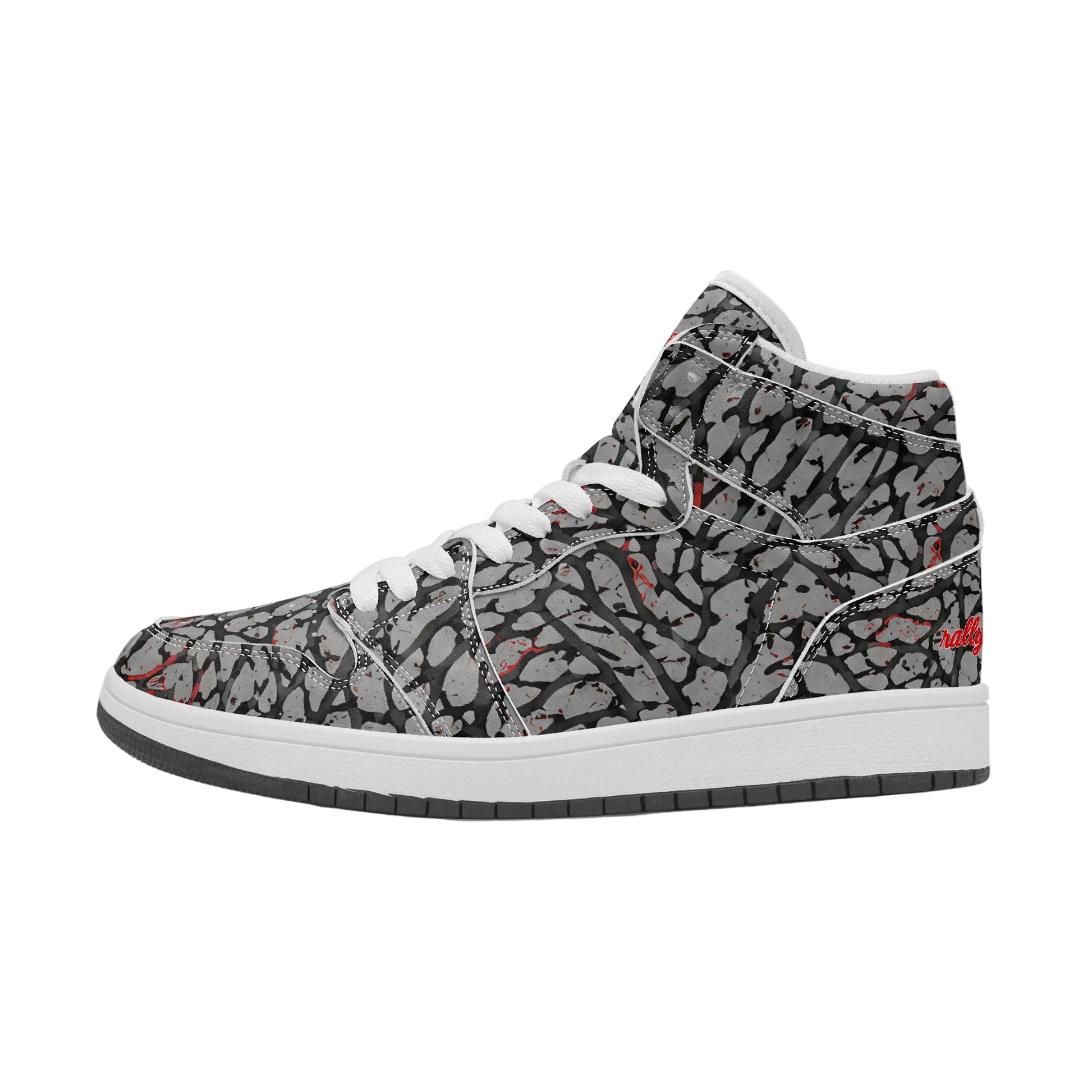 Court Fly High elephant grey, charcoal black, and red high-top sneaker, left outside view