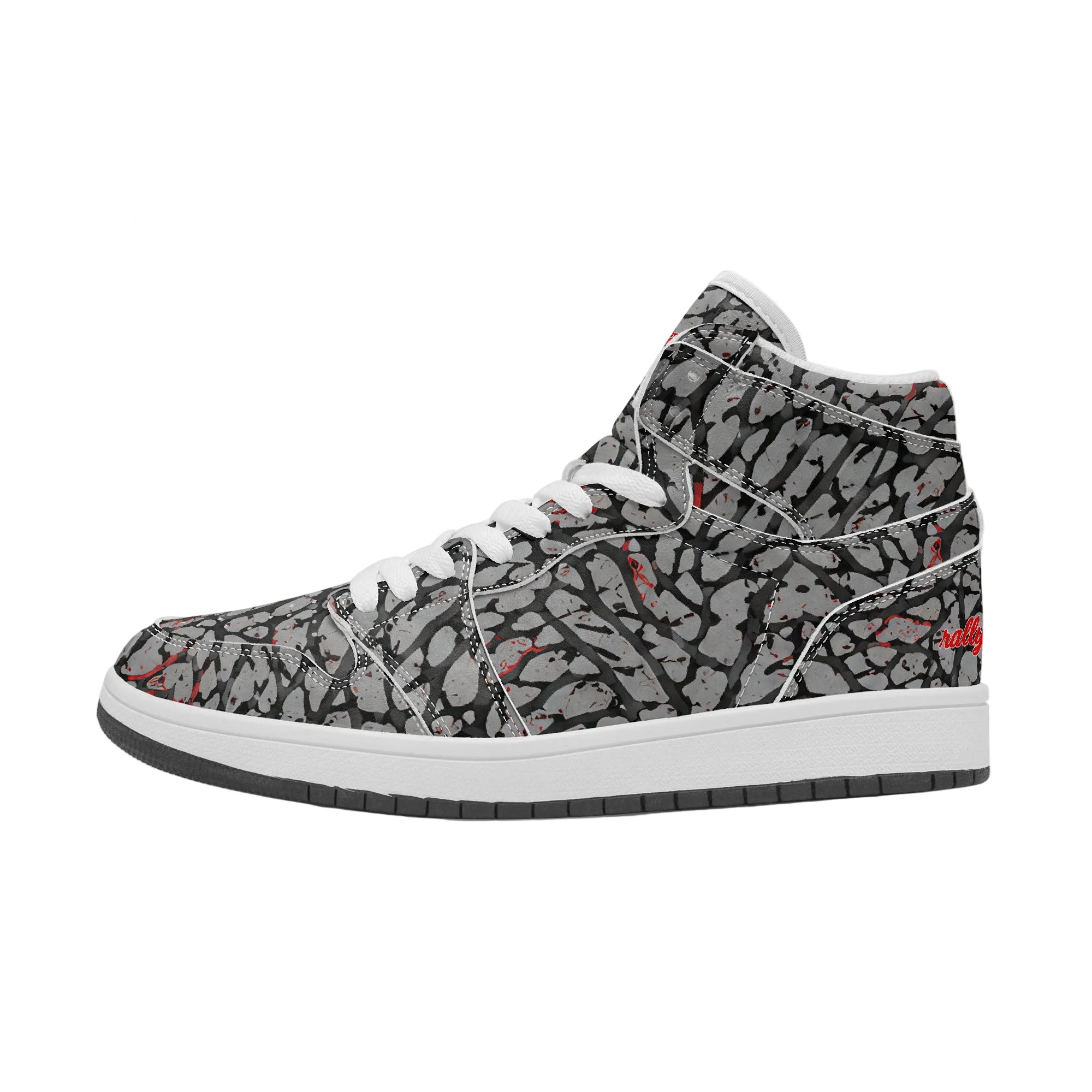Court Fly High elephant grey, charcoal black, and red high-top sneaker, left outside view