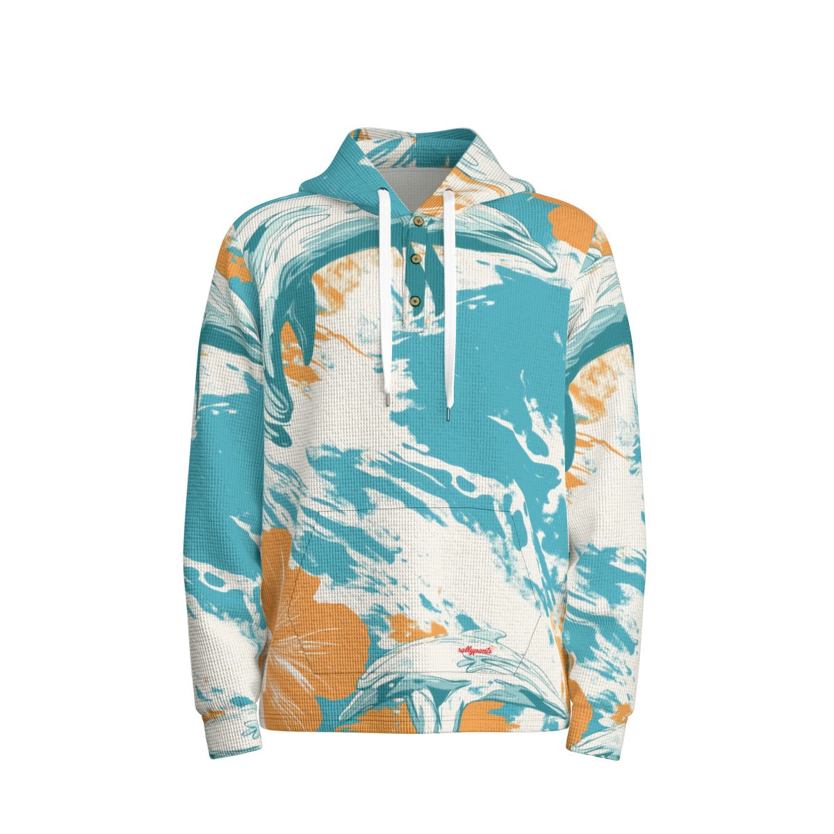 men’s thermal waffle half button pullover hoodie - miami aqua/orange/white image 5