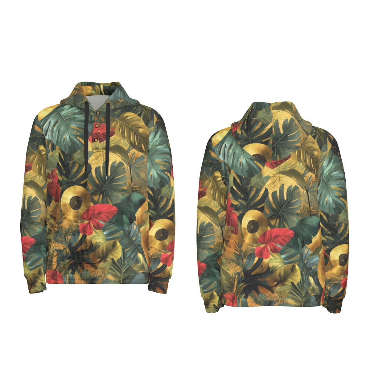 men’s thermal waffle half button pullover hoodie - gold record vibes jungle green/gold image 6