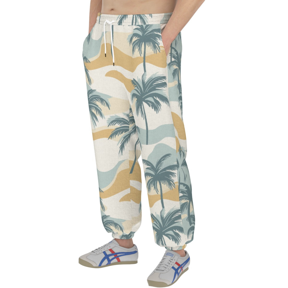 men’s thermal waffle tapered sweatpants - pastel palms sage/gold/sand image 1