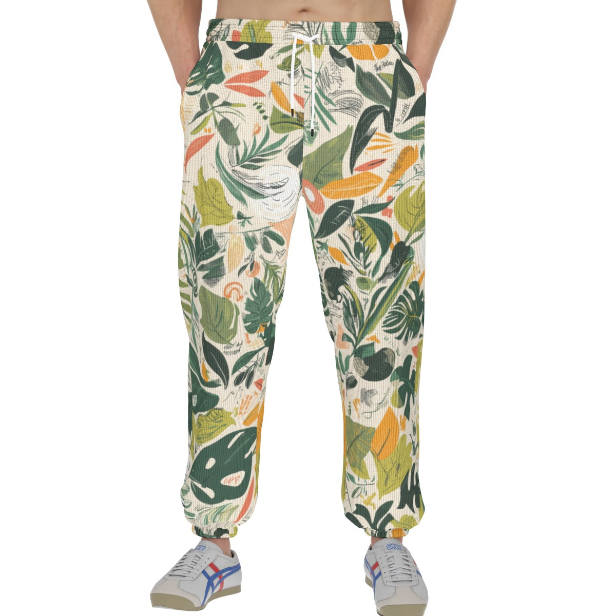 men’s thermal waffle tapered sweatpants - themplantvibes botanical green/orange/white image 3