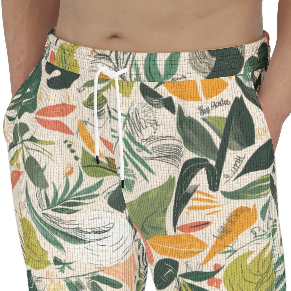 men’s thermal waffle tapered sweatpants - themplantvibes botanical green/orange/white image 5