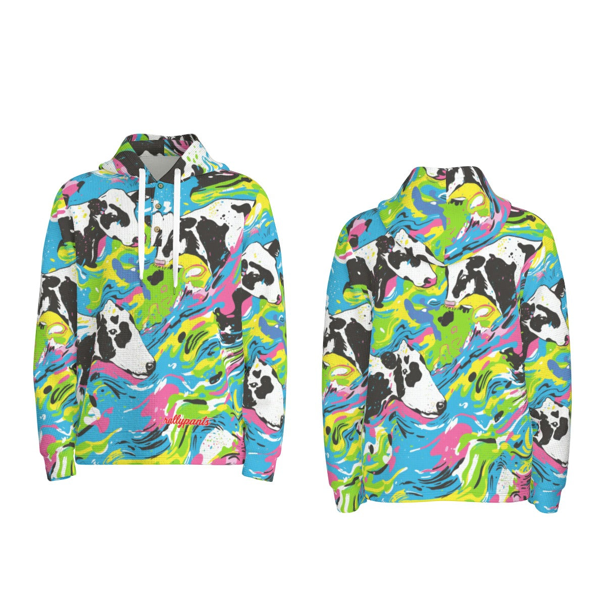 men’s thermal waffle half button pullover hoodie - cowabunga black/white/blue/neon image 5