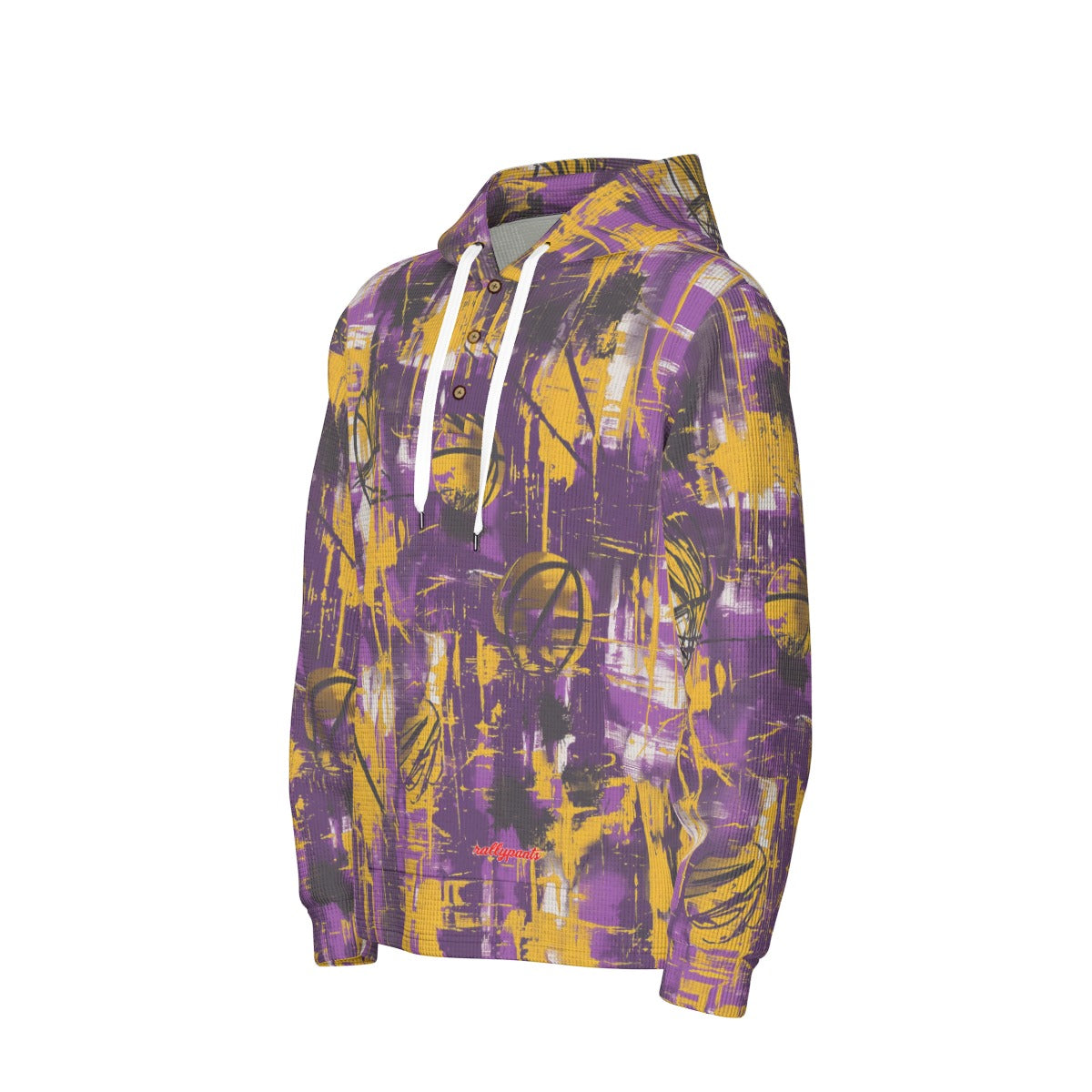 men’s thermal waffle half button pullover hoodie - los angeles purple/gold graffiti image 3