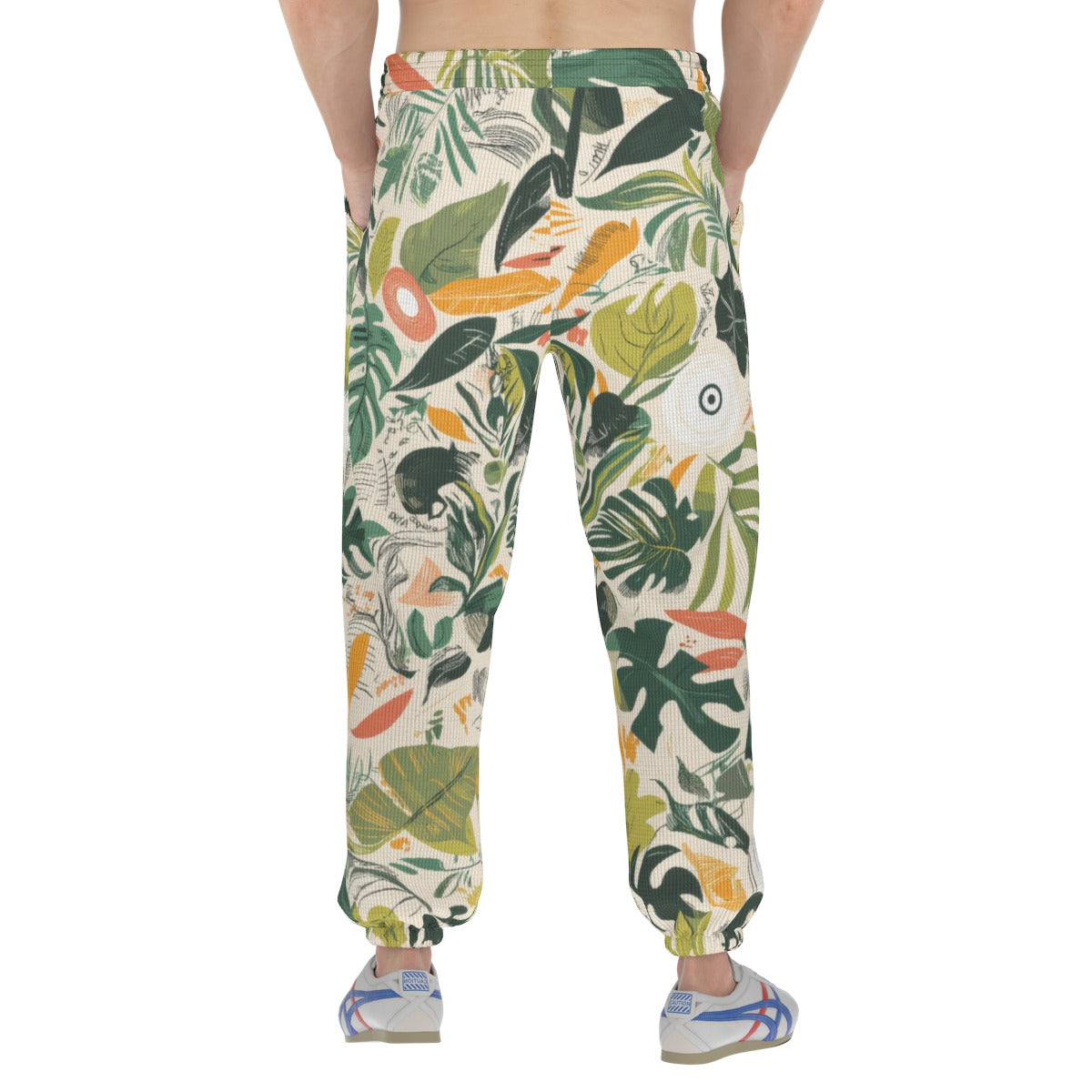 men’s thermal waffle tapered sweatpants - themplantvibes botanical green/orange/white - White, 3XL image