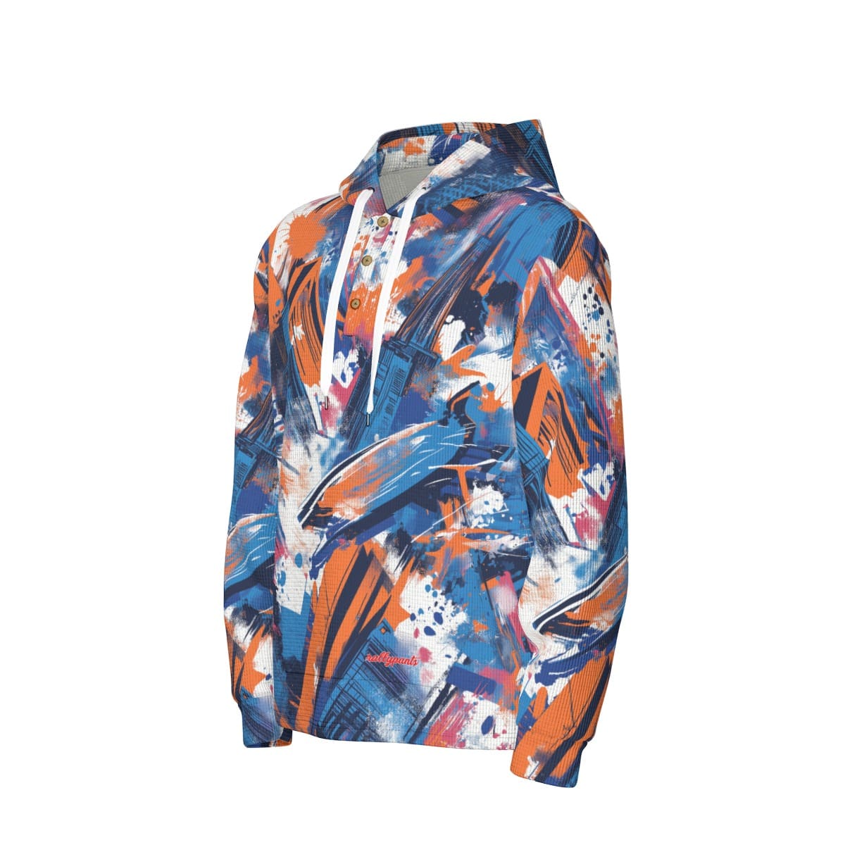 men’s thermal waffle half button pullover hoodie - new york blue/orange/black image 2