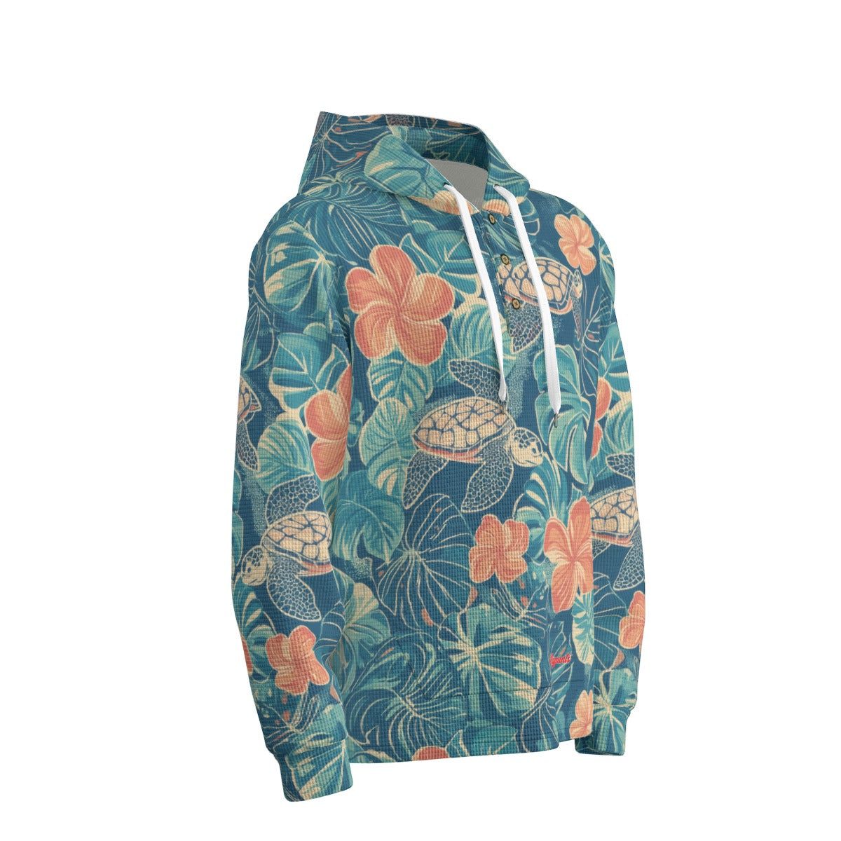 men’s thermal waffle half button pullover hoodie - rarotonga turtle reef lagoon teal/coral/sand image 6