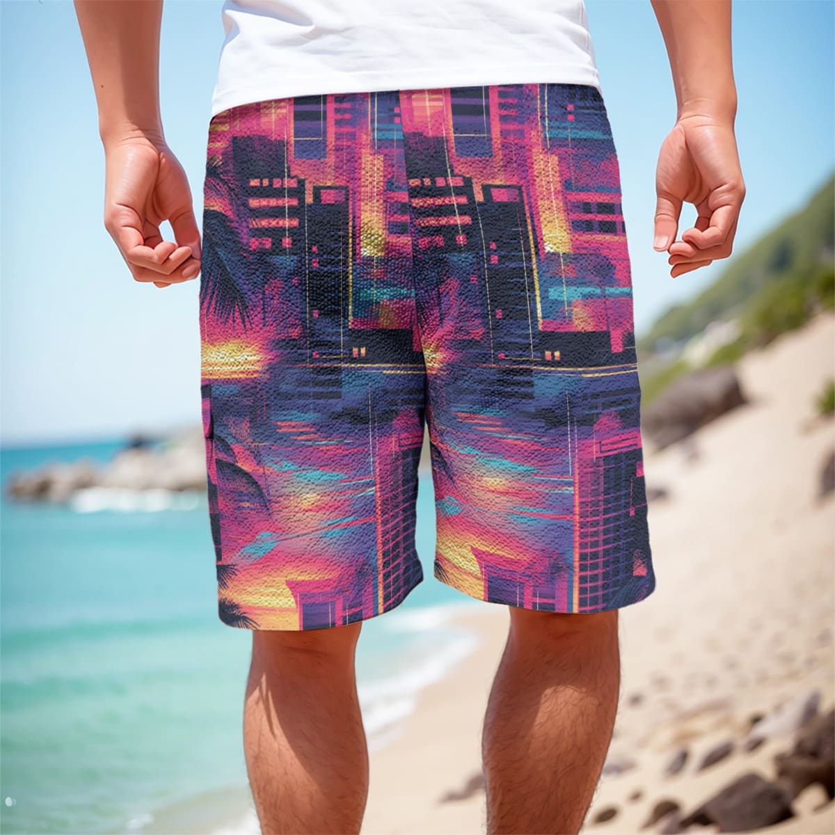 men's featherlite textured cargo shorts - vice city sunset neon pink/electric blue/midnight black image 2