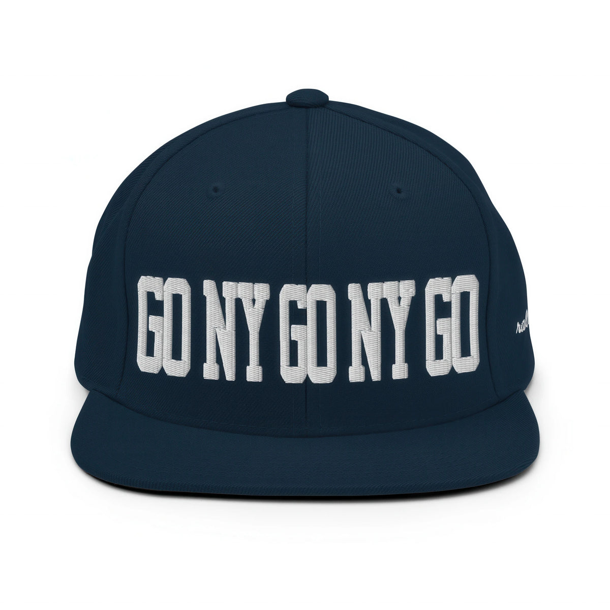 GO NY GO NY GO snapback hat embroidered front view in dark navy