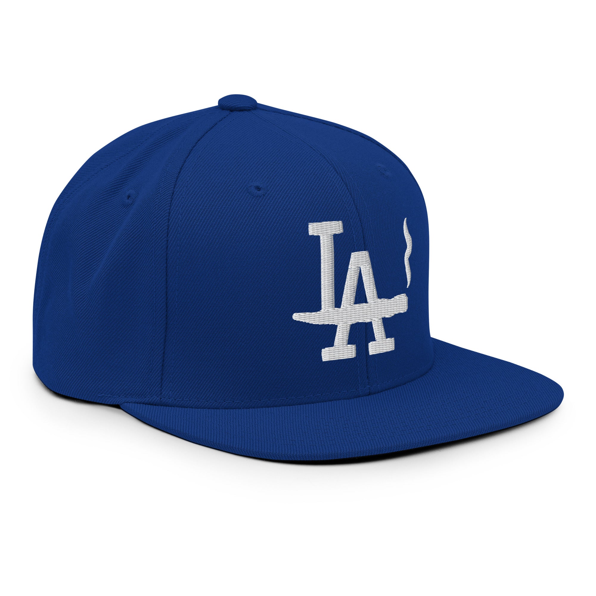 Blue baseball cap with white logo on a white background