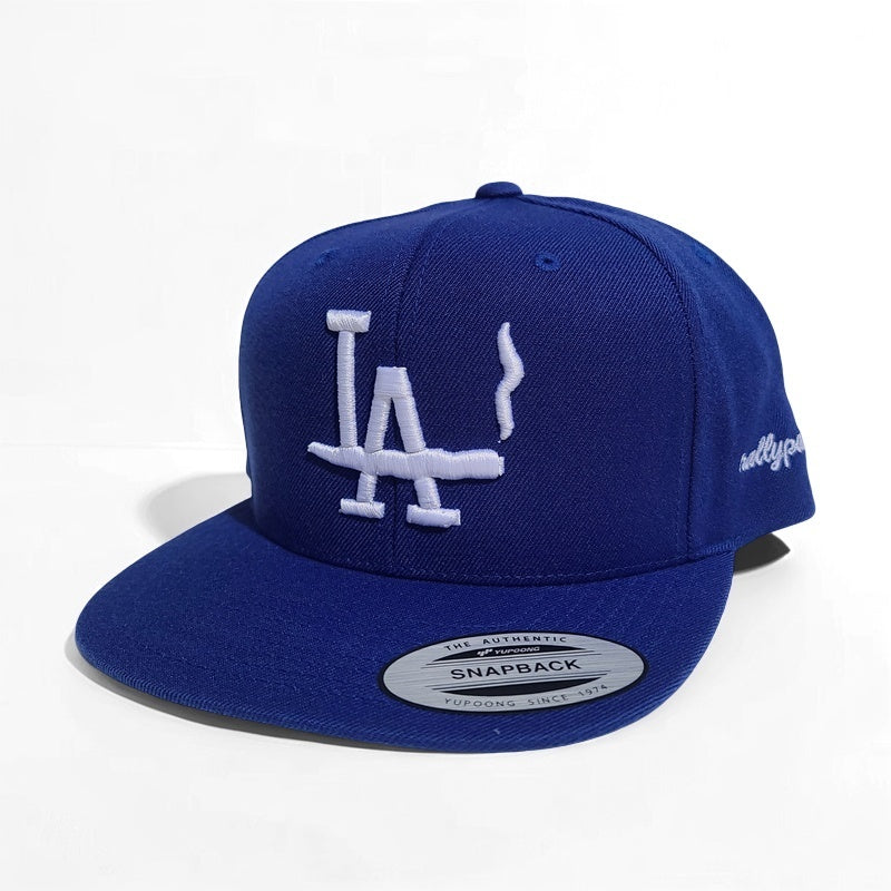 Blue LA Chill snapback hat with white embroidered logo by rallypants